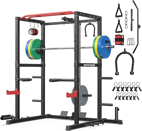 Miniatura 26 de Sportsroyals Jaula de Potencia, Rack de Potencia Multifuncional de 1600 libras con Sistema de Cruce de Cable Ajustable y Más Accesorios de Negro