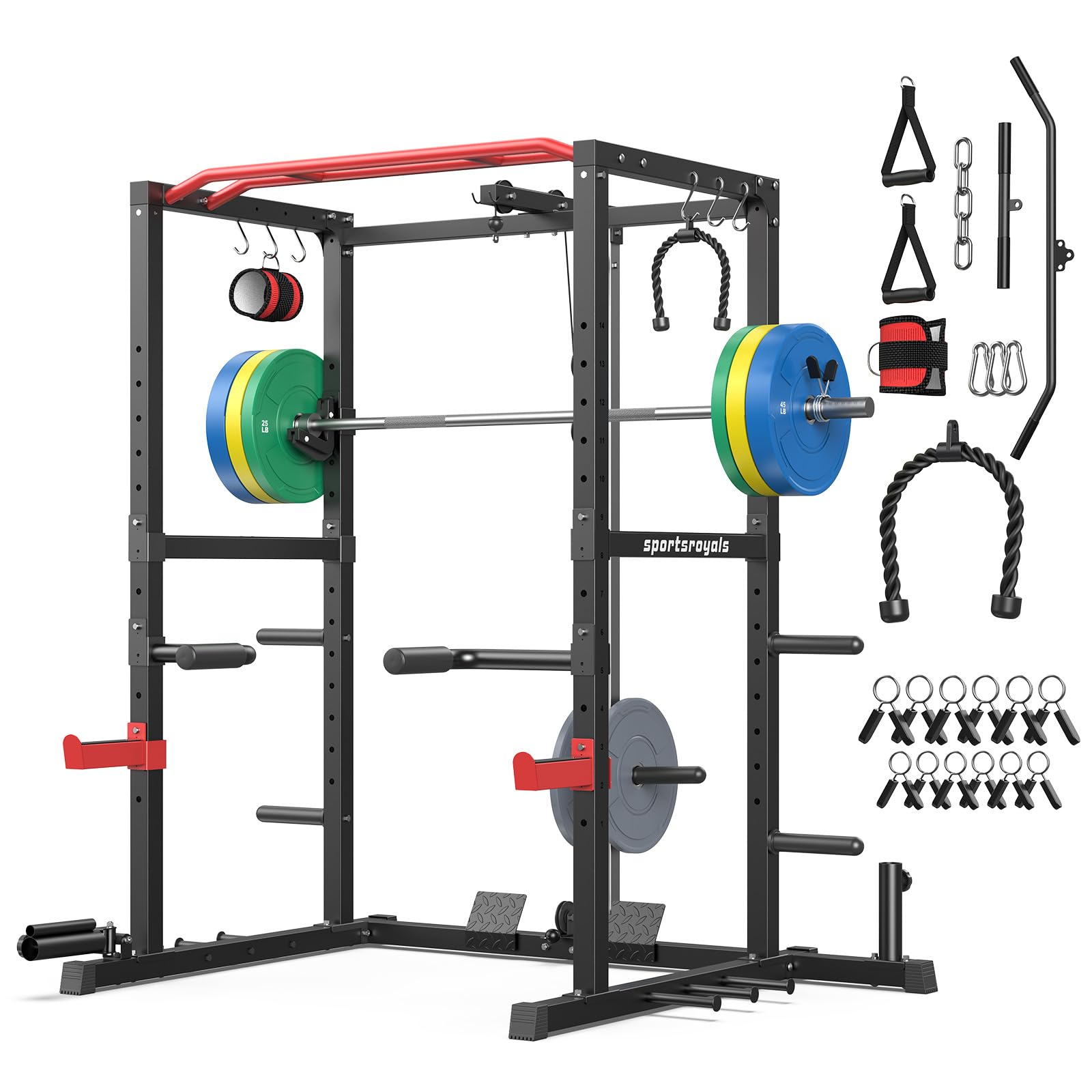 SPORTSROYALS Power Rack, Multi-Functional Power Cage, Squat Rack with Pulley System &amp; LAT Pull Down, Workout Cage with J Hooks for Home Gym