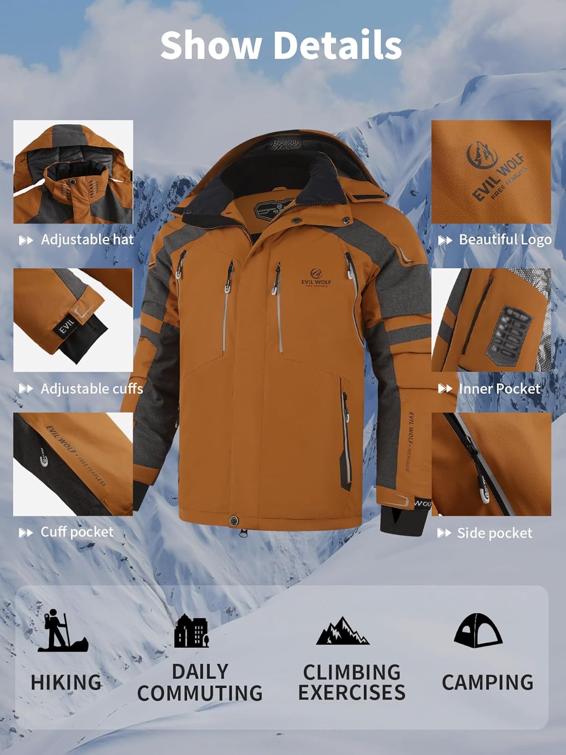 EVIL WOLF Men's Ski Jacket and Pants Set, Waterproof Windproof Snow Suit, Detachable Suspenders, Multiple Colors