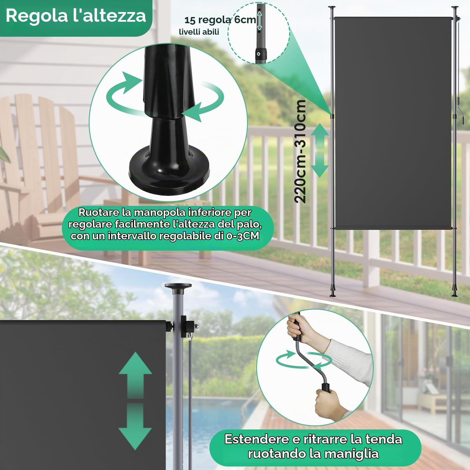 LIFERUN Tenda da sole verticale con morsetto, 120 x 310 cm, tenda da sole verticale allungabile, senza forature,con manovella, protezione solare dal vento, per balcone, giardino