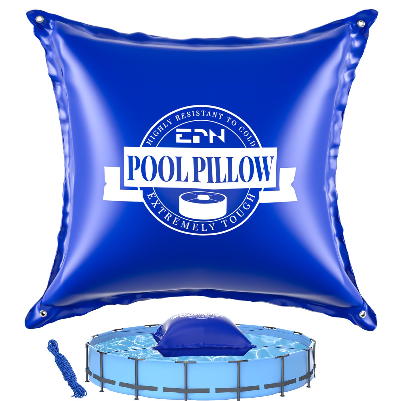 EPN Poolkissen für Aufstellpools, 120x120 cm, 0,5 mm Starkes kältebeständiges PVC Luftkissen für Poolabdeckungen mit Befestigungsseil, Winter Poolkissen zur Poolüberwinterung und EIS-Druckentlastung,