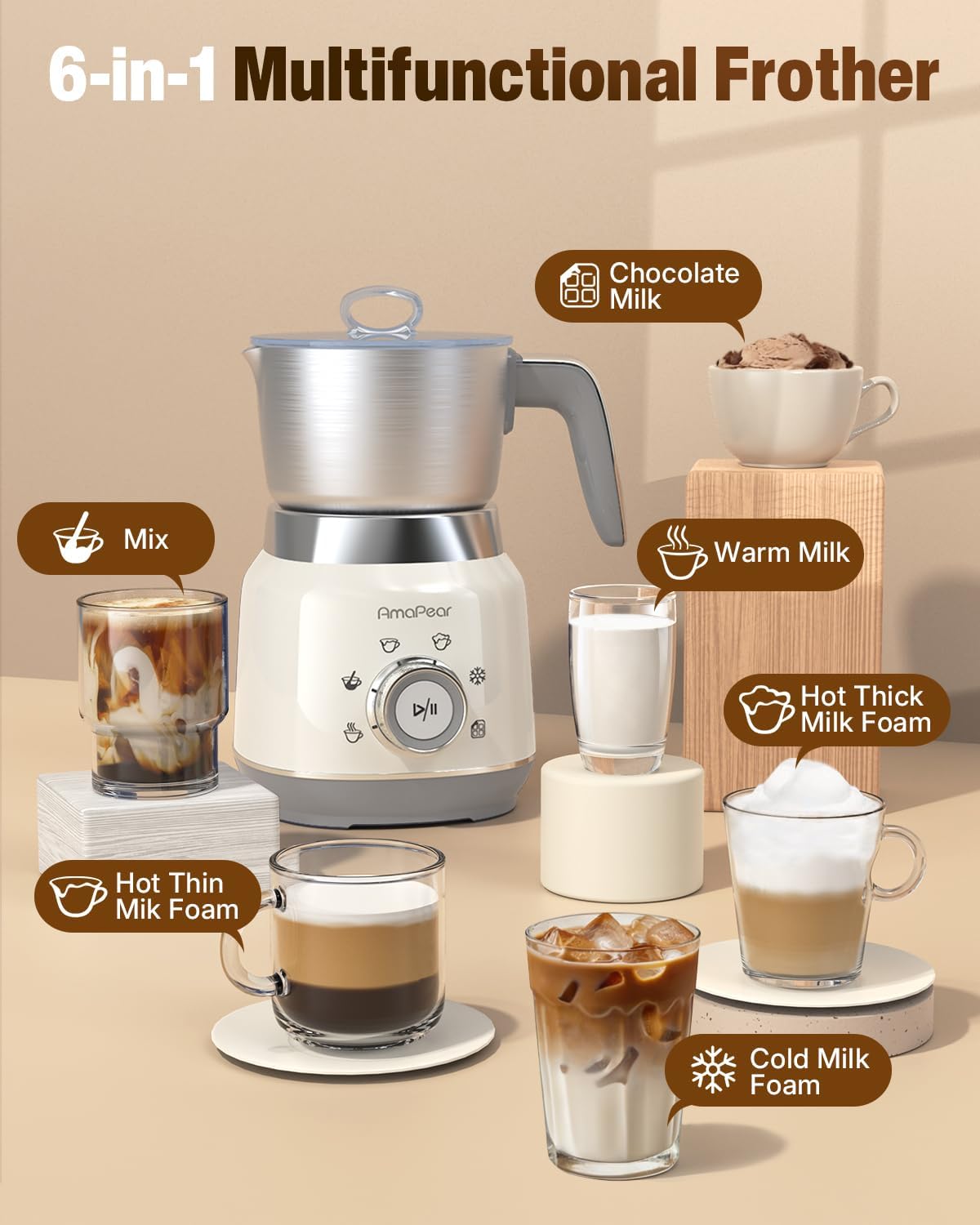 Milk Frother and Steamer, 6 in 1 Electric Foam Maker for Coffee, 16.9oz/500ml Milk Warmer for Latte, Macchiato, Cappuccino, Hot Chocolate Maker, Dishwasher Safe (White)