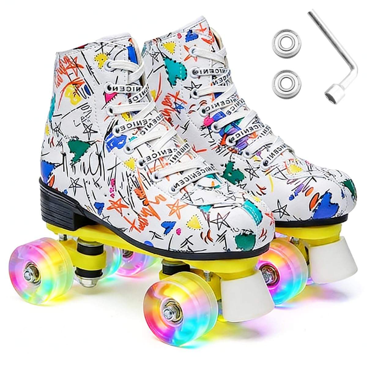 ERNAN Roller Skates for Girl Women Light Up High Top Double Row Adjustable PU Skates Shoes for Kid Beginner Indoor Outdoor (White Graffiti, 40) — image 1