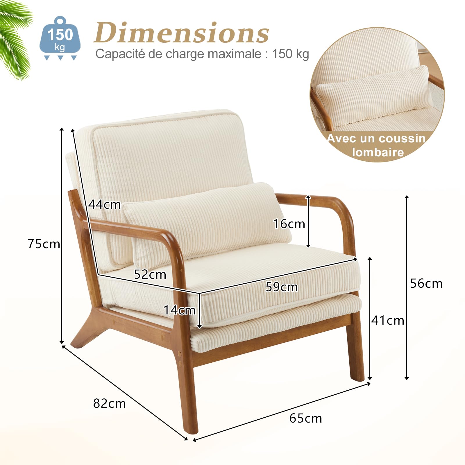 Bonnlo Fauteuil de Salon en Velours Côtelé, Chaise d'Appoint Relaxation avec Cadre en Bois, Siège Confortable pour Salon, Chambre, Terrasse, 65 x 80 x 78 cm (Beige Clair)