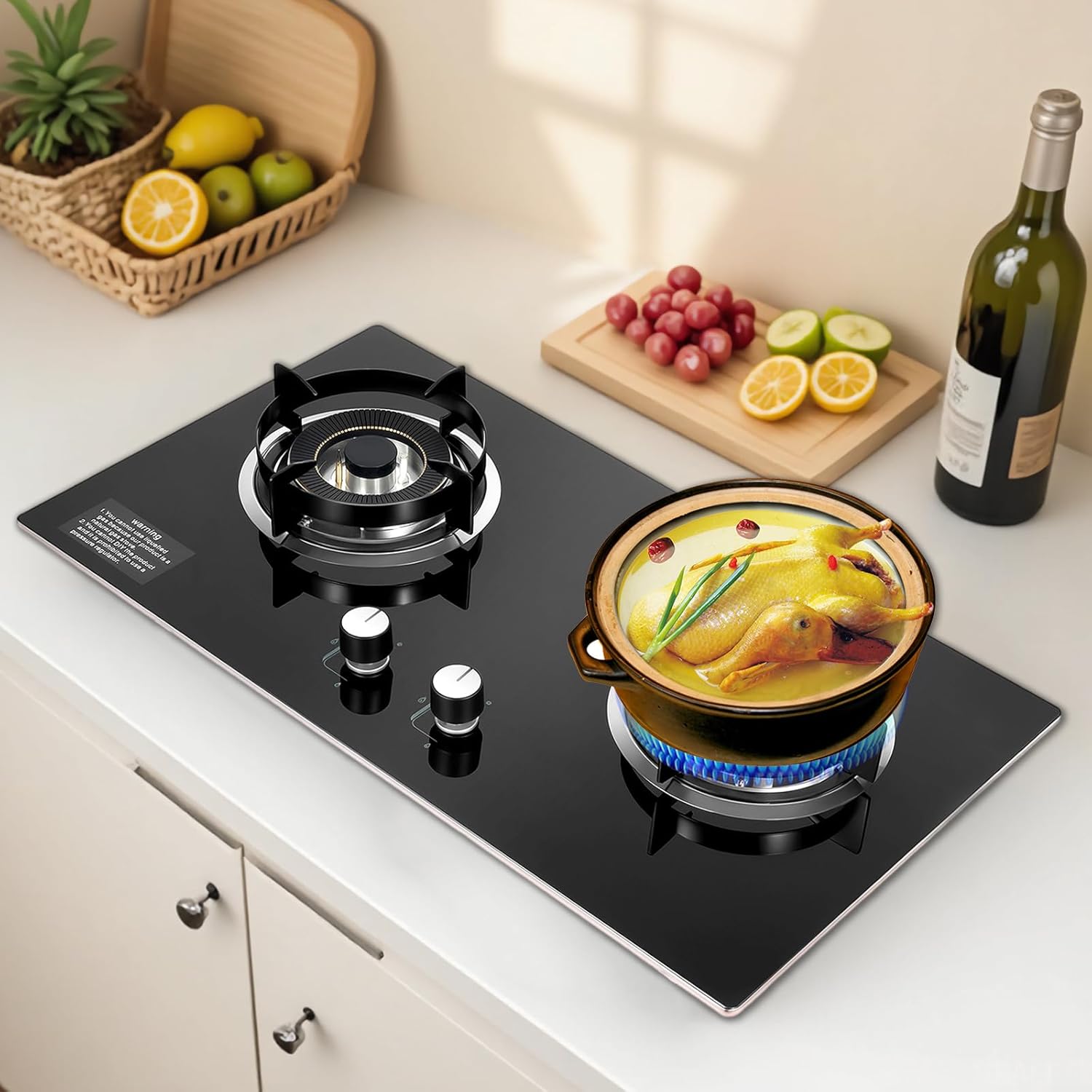 28.74 * 16.14in Countertop/Built-in Gas Cooktop with 2 Burners, Tempered Glass Dual Fuel Gas Stove Cooker, Electronic Pulse Ignition Kitchen Cooking Stove, for Household Kitchen, Apartments