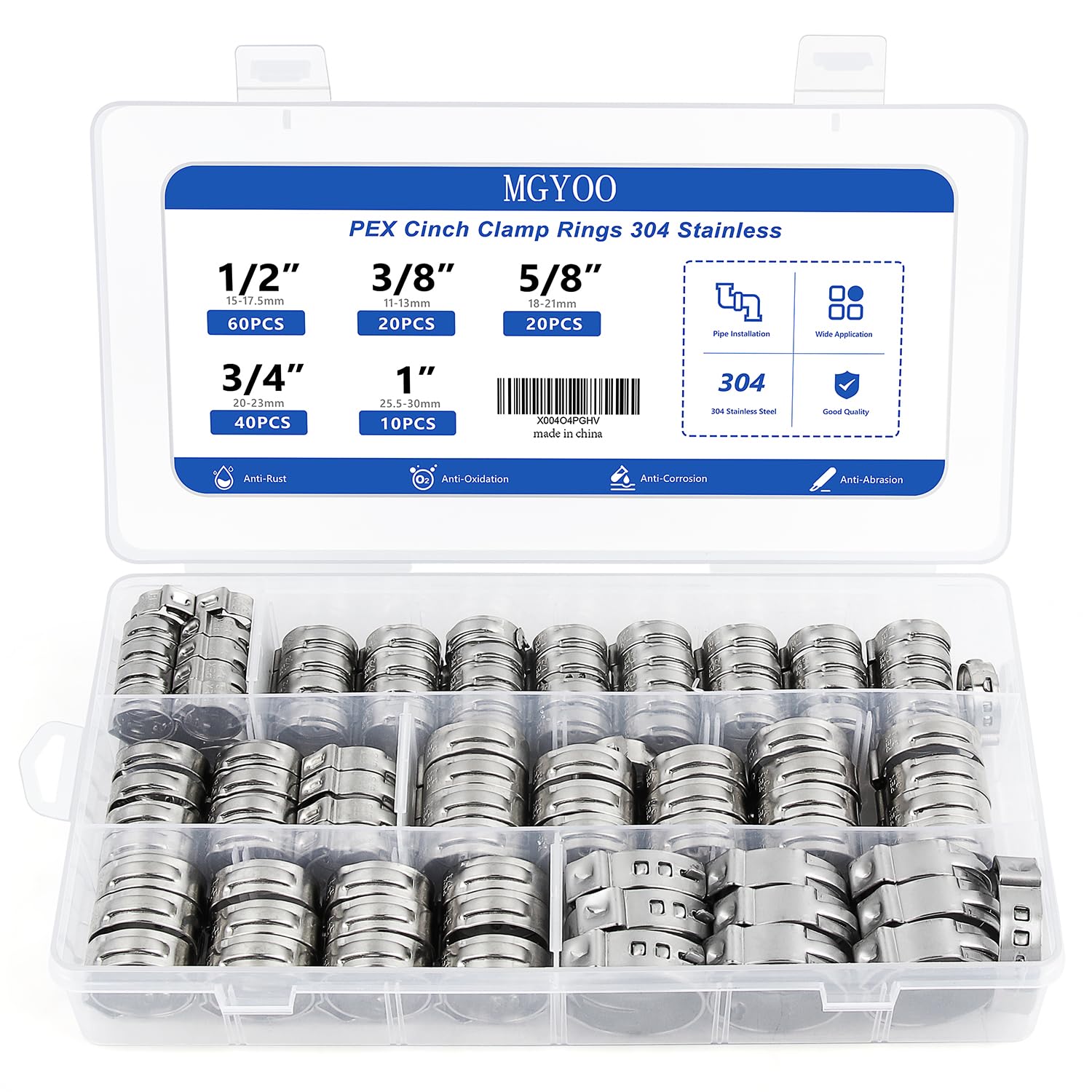 Pex Crimp Rings 150Pcs PEX Clamps 3/8" 1/2" 3/4" 5/8" 1" Single Ear Hose Clamps 304 Stainless Steel Pex Fittings Cinch Clamp Ring for PEX Pipe Tubing