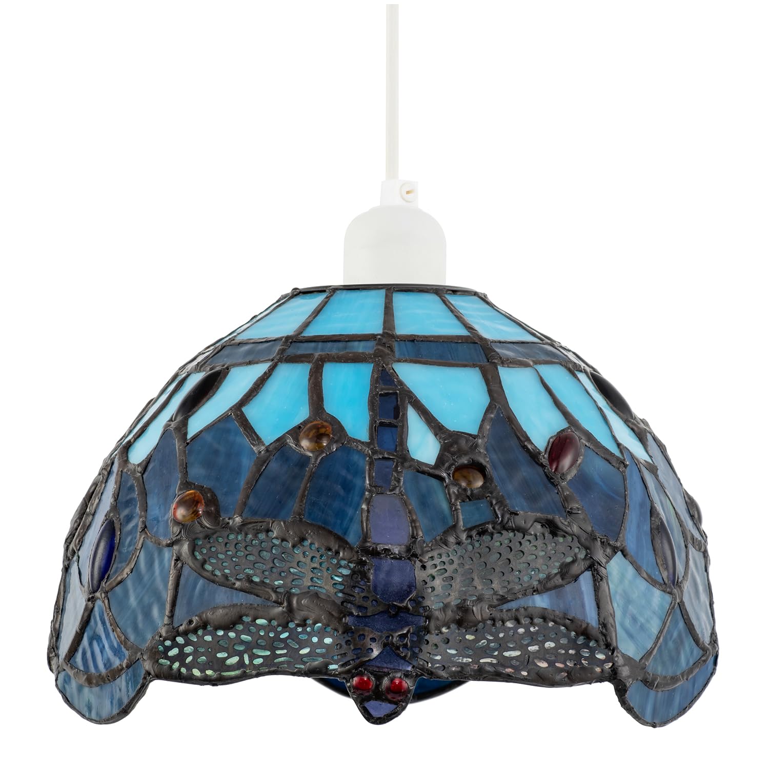 Happy Homewares Blue Traditional Midnight And Sky Stained Glass Dragonfly Tiffany Pendant Lighting Shade | 20Cm X 14Cm | 40W Maximum By