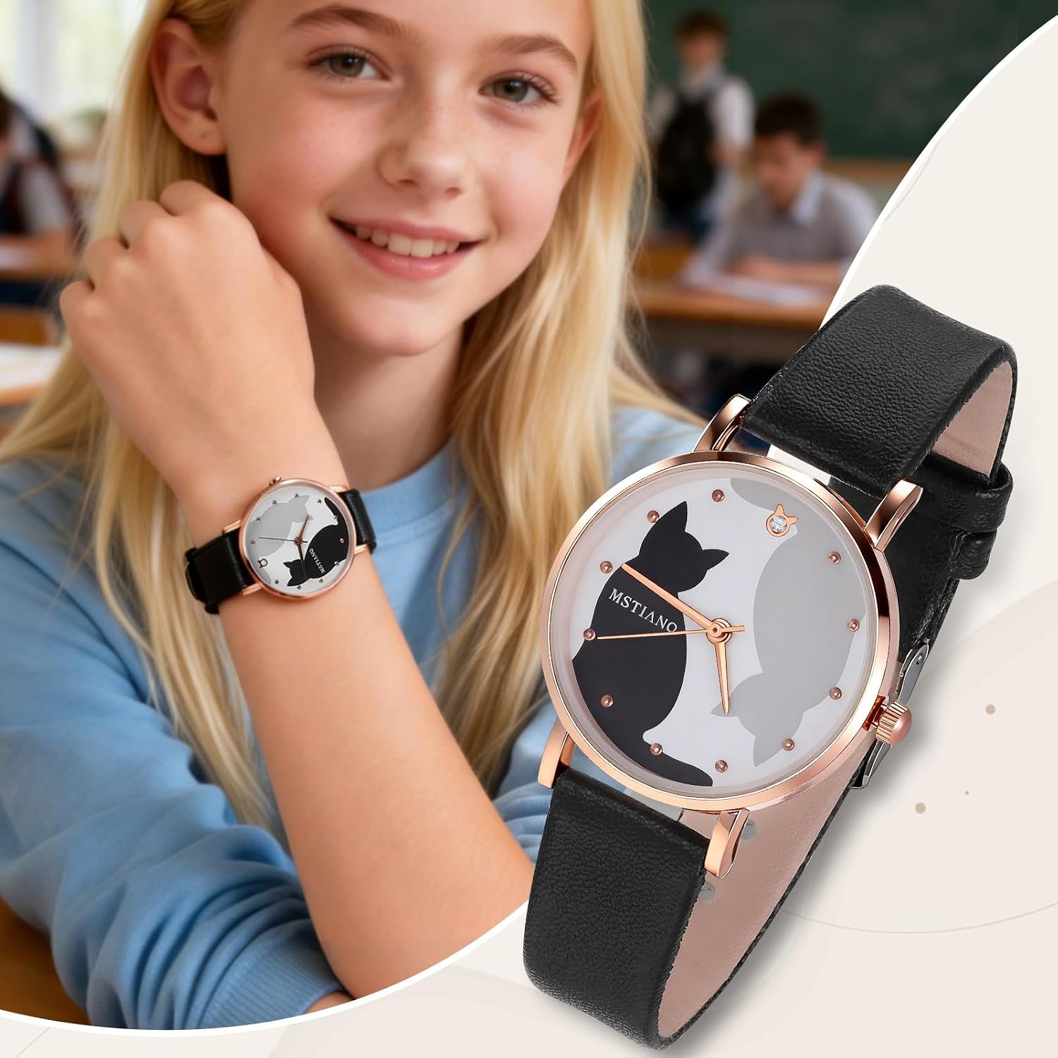 TEHAUX Girls Watch, Cute Cat Watch for Kids, Soft Leather Strap Waterproof Kids Quartz Wristwatch Analog for Girls Boys, Easy to Read Kitten Timepiece Gift for Daughter School