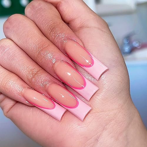 Miniatura 8 de Uñas postizas cuadradas a presión, 24 uñas postizas acrílicas moradas con bonitos diseños de flores y osos, uñas adhesivas brillantes de cobertura