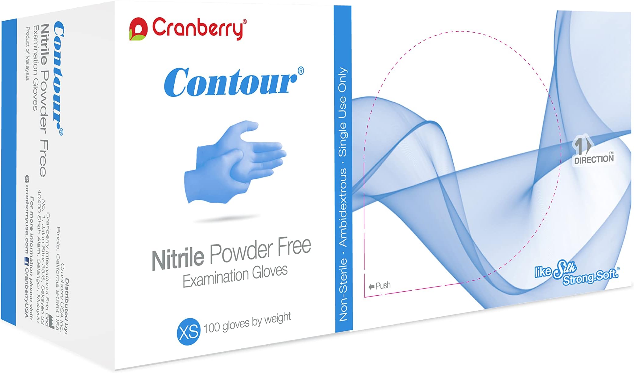 Cranberry USA CR3115 Contour Nitrile Powder Free Exam Gloves, X-Small, Blue (Pack of 100)