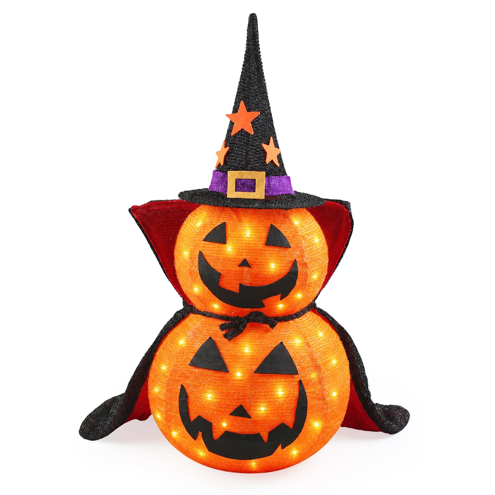 Halloween Kürbis Dekorationen, Lichter mit 50 LED-Lichtern, Faltbarer Kürbis mit Hexenhut-Lichtern, Dekorationen für den Innen- und Außenbereich, Hof, Urlaub, Gartendekoration (85cm)