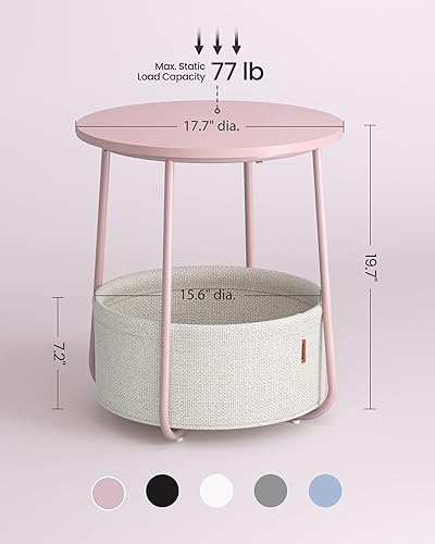 Miniatura 2 de VASAGLE LILEA Collection ULET223R61 - Mesa auxiliar redonda pequeña, mesita de noche moderna con cesta de tela, rosa gelatina y blanco crema