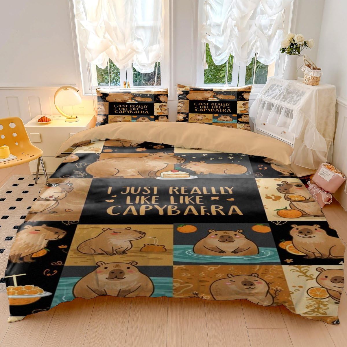 Set di biancheria da letto per letto singolo, copripiumino con federe con stampa floreale e animali in stile cartone animato, regali divertenti con capibara, 3 pezzi copripiumino (01, singolo 135 x
