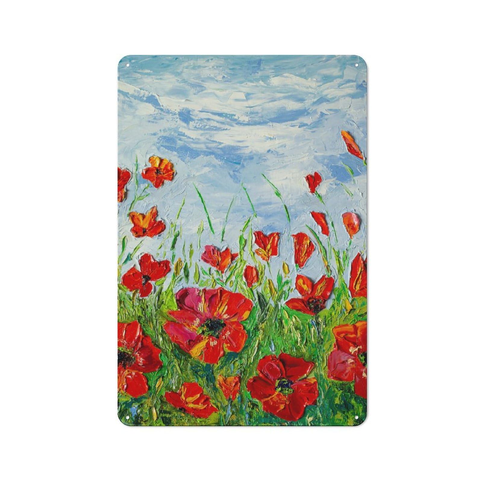 Junmoney Style-8 Tin Wall Plaque 30X20cm With Poppies Field For Garage Wall, Suited To People Furnishing A Garage