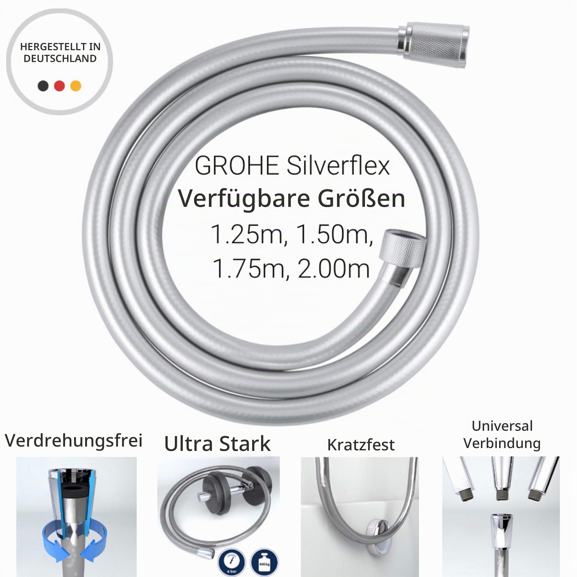 GROHE Silverflex - Brauseschlauch (glatte, reinigungsfreundliche Oberfläche, knickfest, 2000 mm), chrom, 27137000