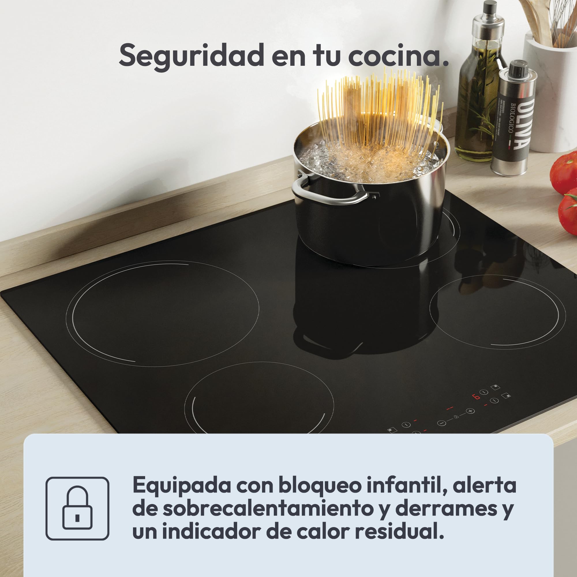 Candy Idea CH64CCB 4U2 Placa Vitrocerámica 4 Fuegos, 60CM, 10 Niveles de Potencia, 6,5KW, Mandos Centrales, Indicador de Calor, Bloqueo de Seguridad, Alerta Sobrecalentamiento y Derrames, Negro — view 3