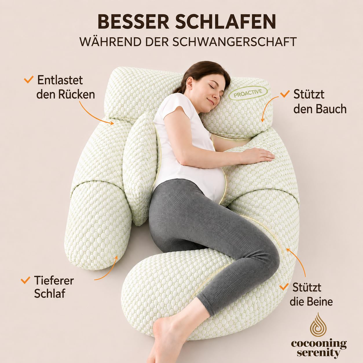 Schwangerschaftskissen XXL – Seitenschläferkissen für Schwangere – Ergonomisches Körperkissen für Bauch, Rücken und Beine – Stillkissen – Waschbarer Bezug – 180 cm
