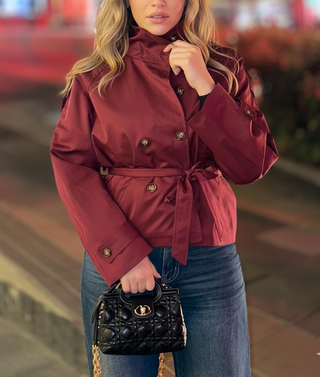 Women Funnel Neck Jacket Thin Lightwight Belted Crop Trench Coat Double Breasted Short Jackets Casual Fall Outfits - Image 2