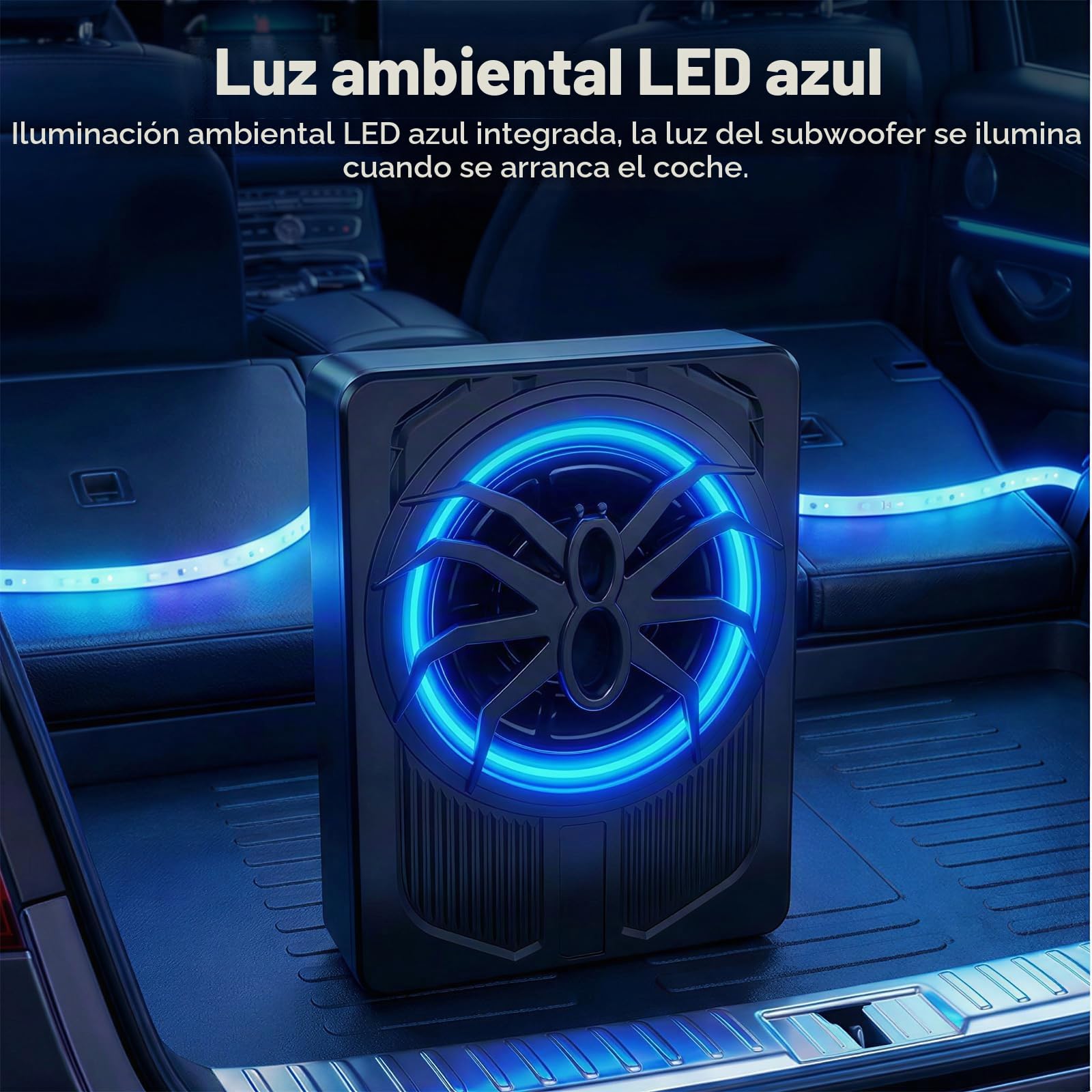 OiLiehu Subwoofer para Coche de 10 Pulgadas y 1000W, Subwoofer con Sonido Envolvente Estéreo, Amplificador de Audio Integrado, Entradas de Bajo y Alto Nivel, con Luz Ambiental LED Azul