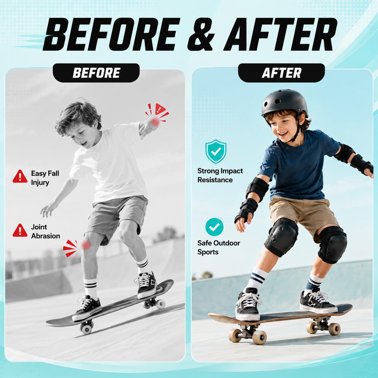 Ensemble de Protection 6 en 1 pour Enfants, genouillères, coudières, protège-Poignets avec Coque en polypropylène et Coussin EVA, Coussinets réglables pour Patinage à roulettes, Skateboard