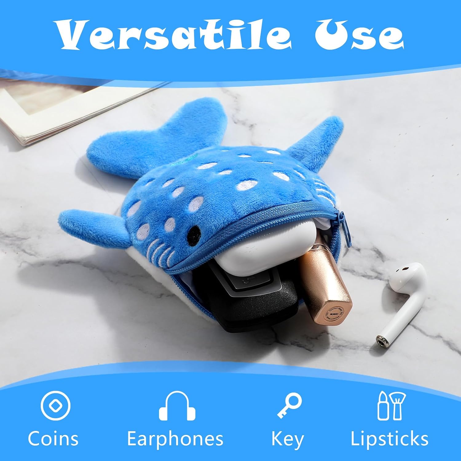 1 Pcs Shark Coin Purse, Mabor Plush Small Coin Pouch Cute Kawaii Wallet with Zipper Keychain Small Embroidered Funny Sea Cartoon Animal Change Purse for Women
