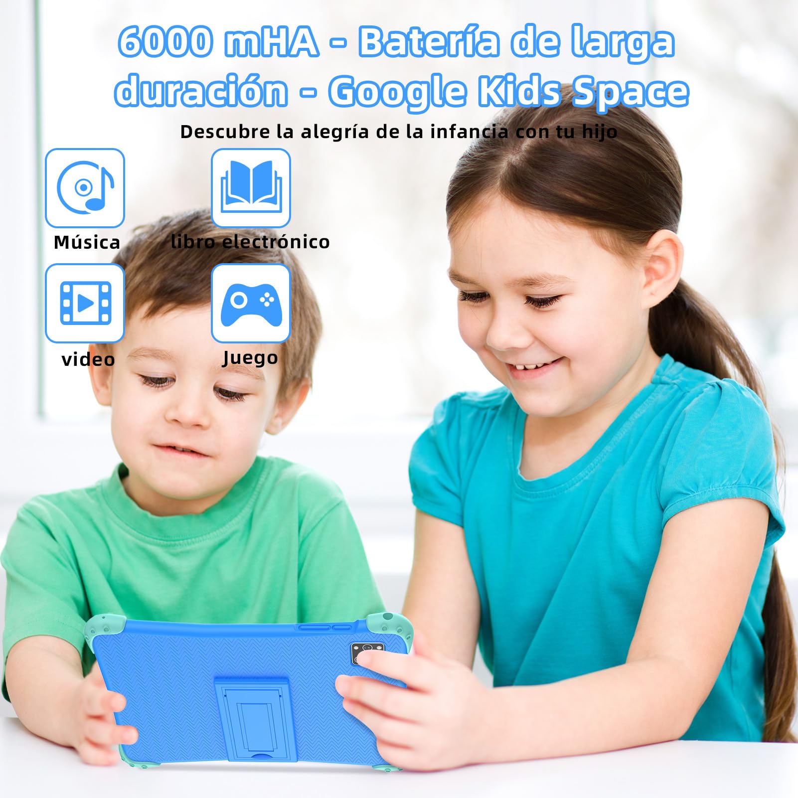 EagleSoar Tablet para Niños 10 Pulgadas, Android 14 Octa-Core, 10 GB RAM+64GB ROM, 1280 * 800 IPS, 6000mAh, Cámara Doble, Parental Controls, WiFi 6, Bluetooth, con EVA Caso (Azul)