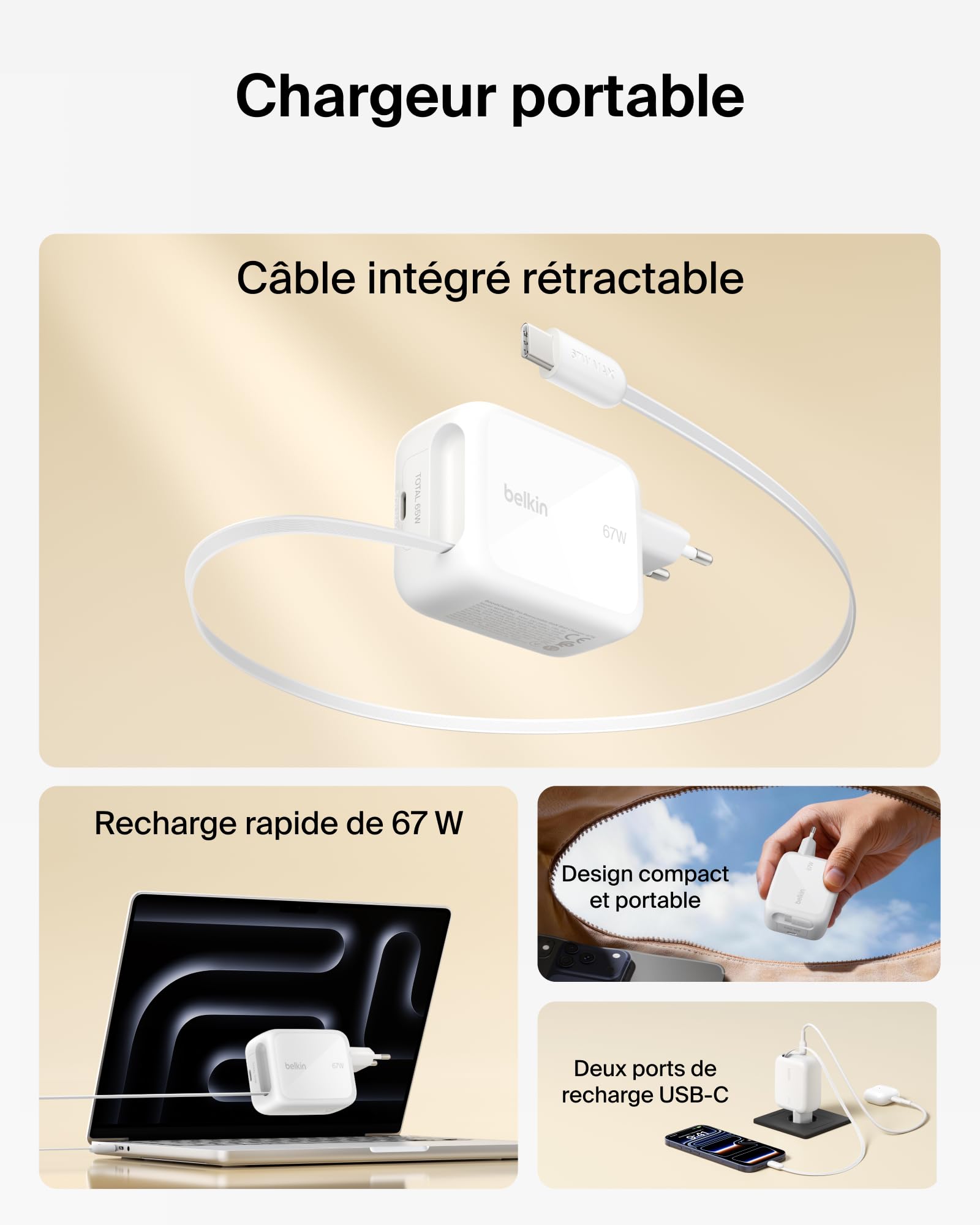 Belkin Chargeur USB-C GaN 67 W avec Câble USB-C Rétractable 1 M Et Port USB C, pour iPhone, Recharge Rapide pour iPhone 17 Et 16 Series, Galaxy S26 Series, AirPods, Tablettes, MacBook, Chromebook