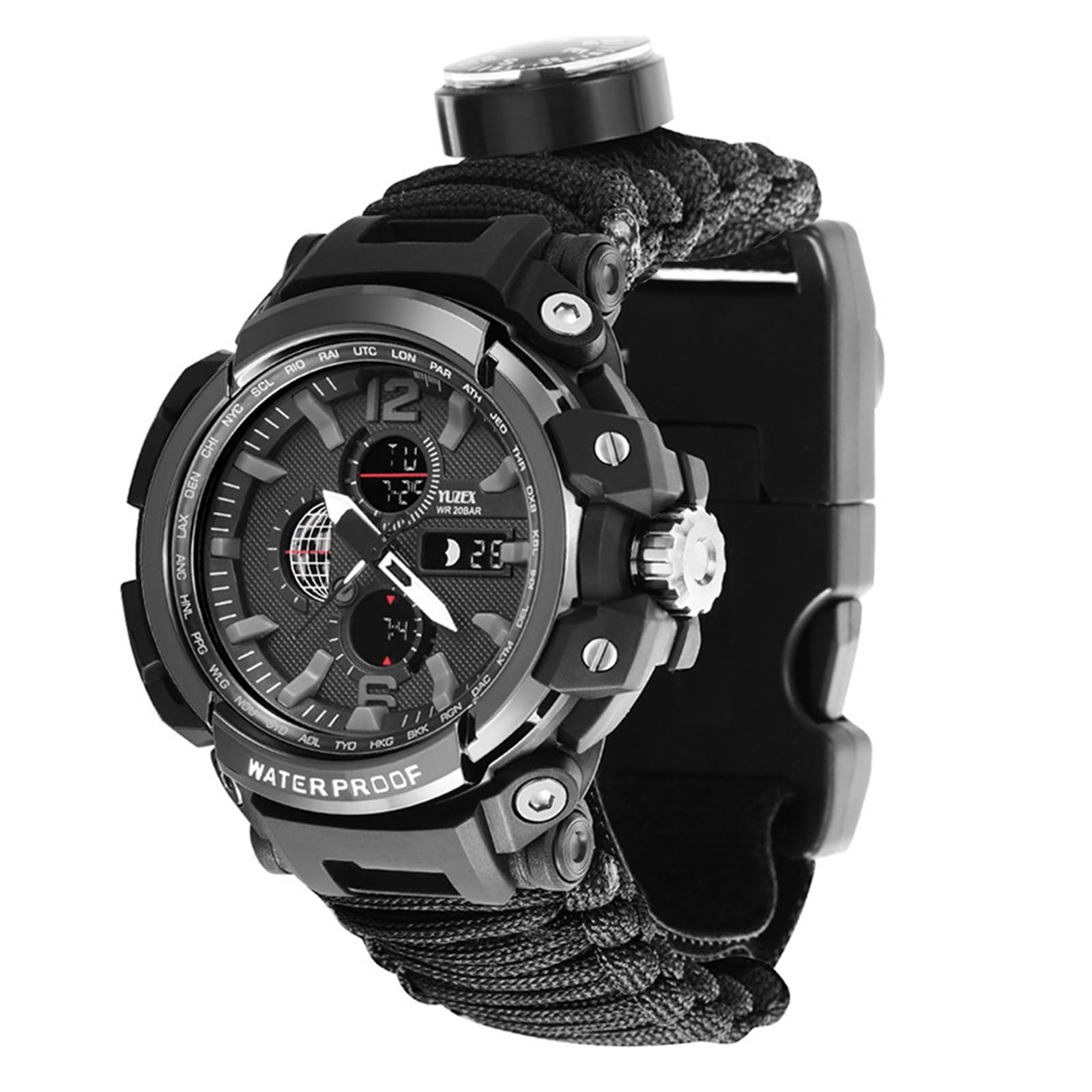 23-in-1 Military Tactical Watch for Men, Multifunctional Outdoors Waterproof Survival Watches with Compass Whistle Fire Starter and Thermometer, Paracord Watch Bracelets with Outdoor Army Gear ( Color