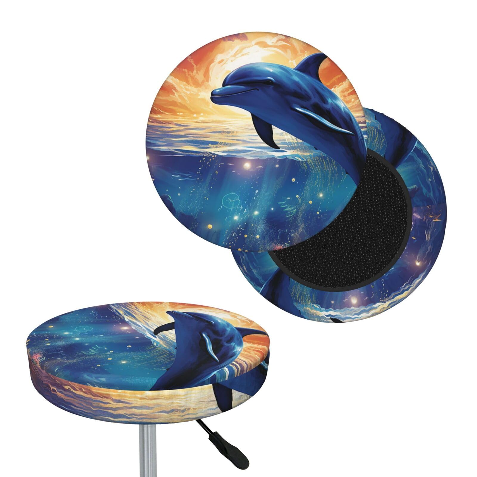 NONHAI Colorful Starry Sky Ocean Dolphin Bar Stool Cover Round Elastic Stool Cushion Covers Dustproof Bar Chair Cover Washable Stool Cushion Slipcover Stretch Stool Seat Covers for 12-14 Inch Chair