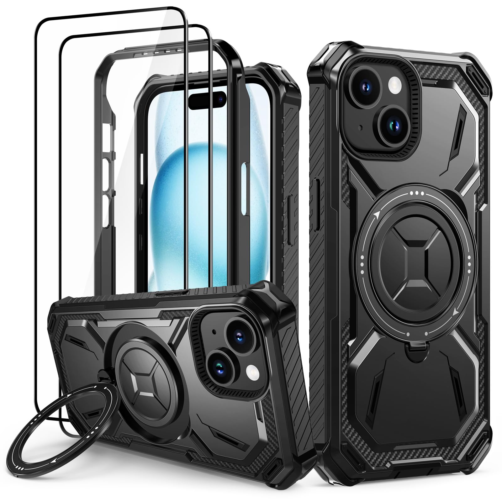 Lanhiem Cover per iPhone 15 con 2 Pezzi Vetro Temperato, Supporto Magnetico ad Anello a 360° Protezione 6FT Antiurto Anticaduta di Livello Militare Armor Protezione, Custodia per iPhone 15, Nero