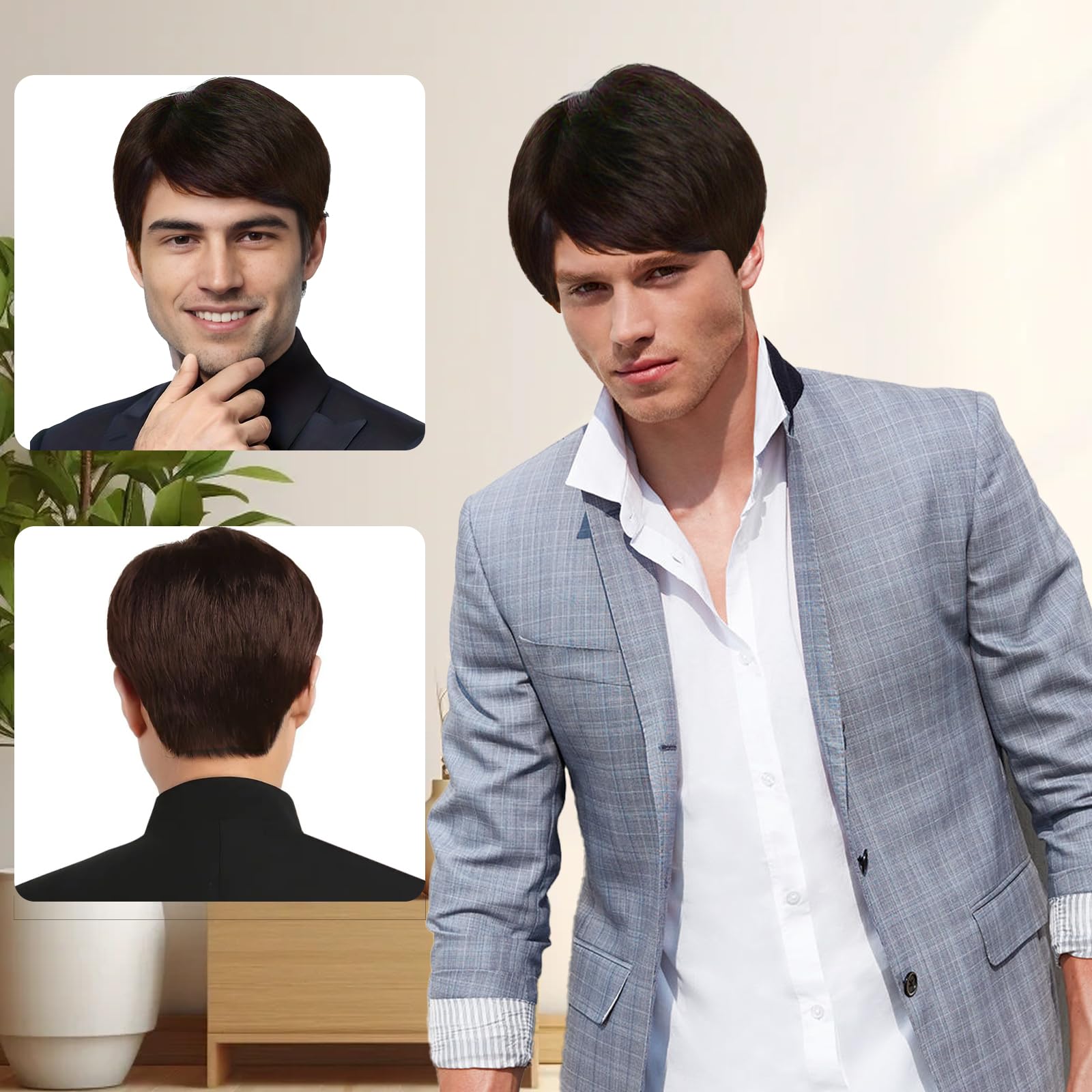 Short brown mens wigs,Replacement wigs for men daily use,Male short wig,Straight wig for men daily costume fancy dress cosplay halloween(Brown) - Image 2
