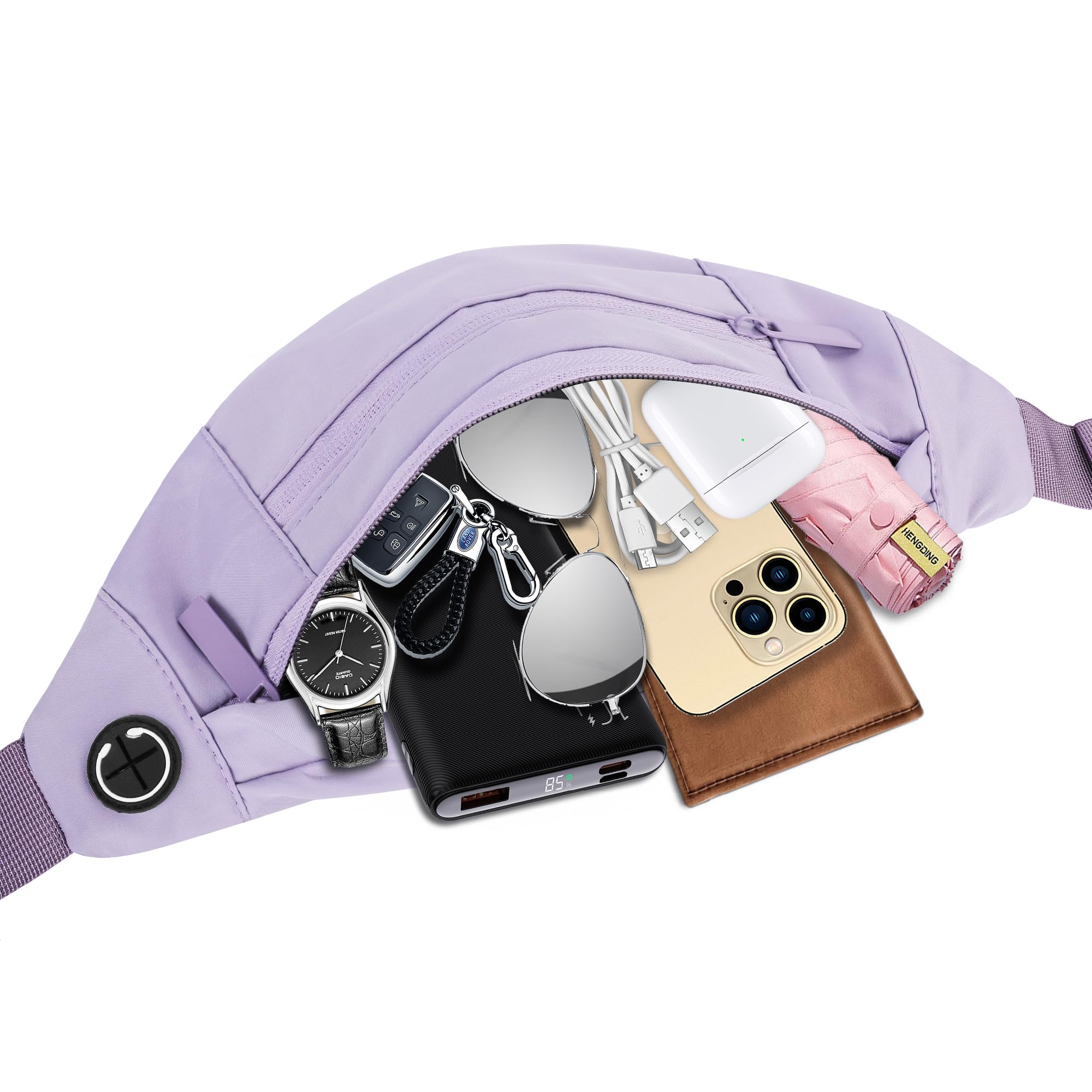 Bauchtasche für Damen und Herren, Umhängetasche, Hüfttasche mit Reißverschluss, verstellbarer Riemen, wasserdicht, für Laufen, Wandern, Reisen, Helles Violett, Large, Hüfttasche mit 4