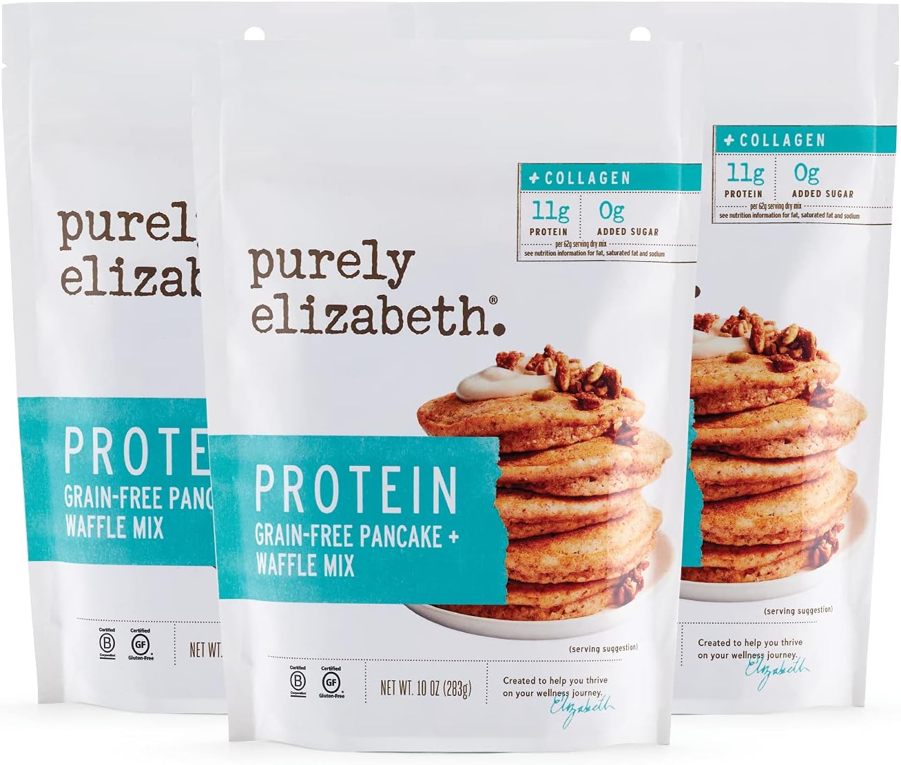 purely elizabeth Grain-Free Protein & Collagen Pancake & Waffle Mix, Chia Seeds, Flax Seeds, Gluten-Free, No Added Sugar, Non-GMO, 10 Ounce (Pack of 3)