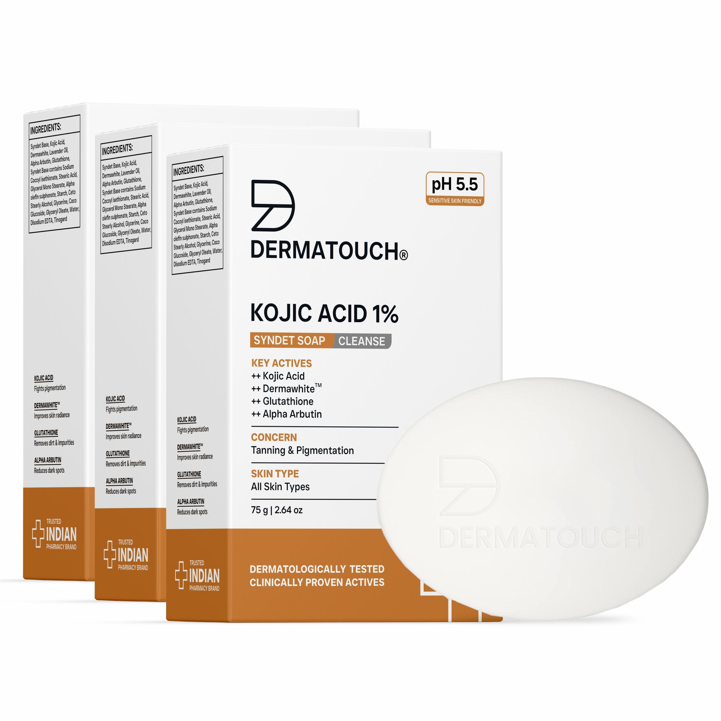 DERMATOUCH Kojic Acid 1% Soap with Glutathione | For Pigmentation & Sun damage | Soap for Men & Women | Suitable for All Skin Types | 75g x 3