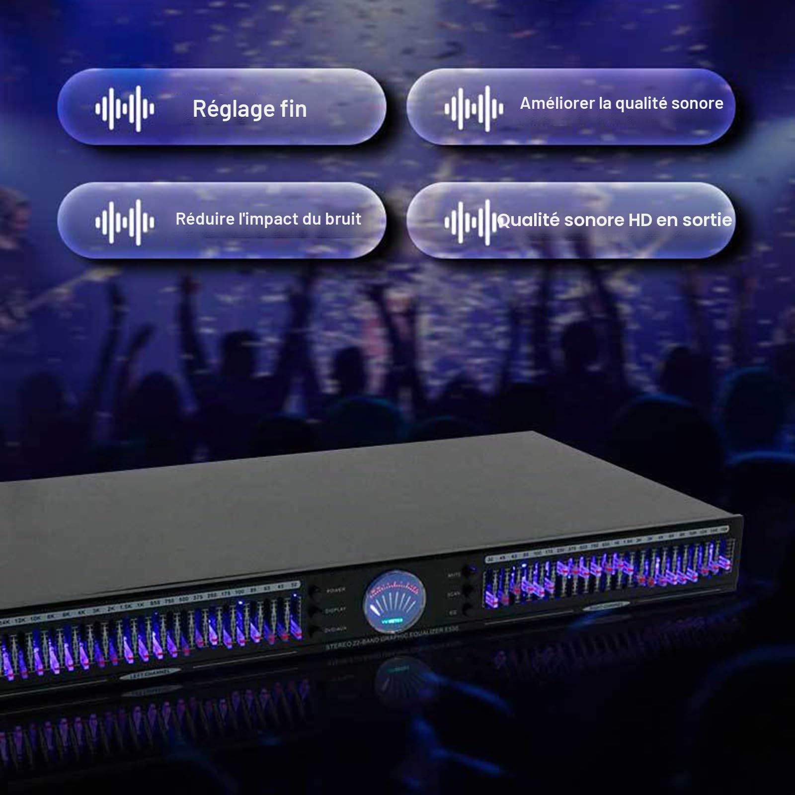 Égaliseur Audio 22 Bandes, Égaliseur Graphique Stéréo, Montage en Rack 1U À Deux Canaux, avec 10 Effets Prédéfinis, Réduction Automatique du Bruit