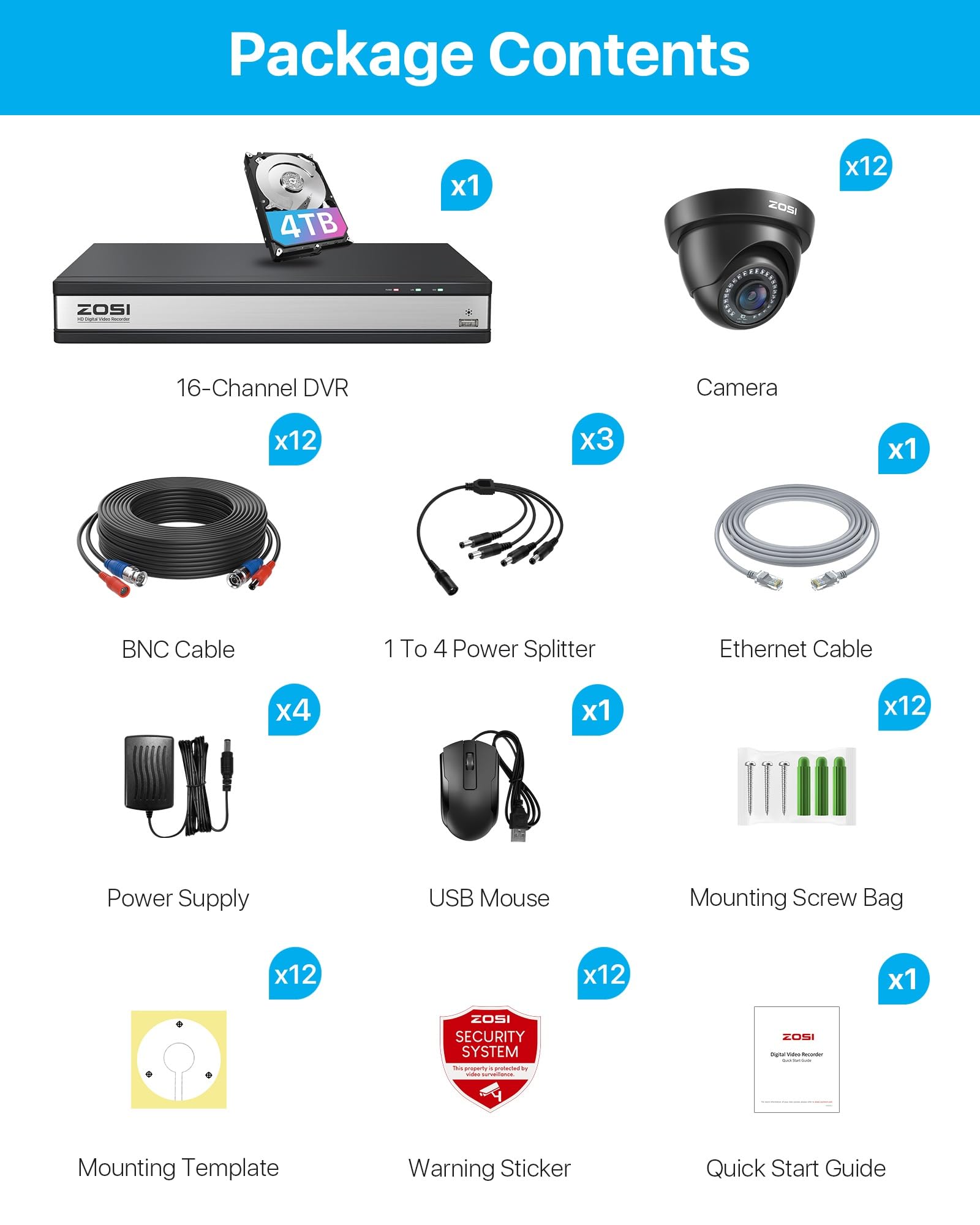 ZOSI 16CH 1080P H.265 + Überwachungskamera + DVR 4 TB, KI-Erkennung von Personen und Fahrzeugen für Heimüberwachung 24/7, Nachtsicht 24 m, Sofortwarnung und Fernzugriff