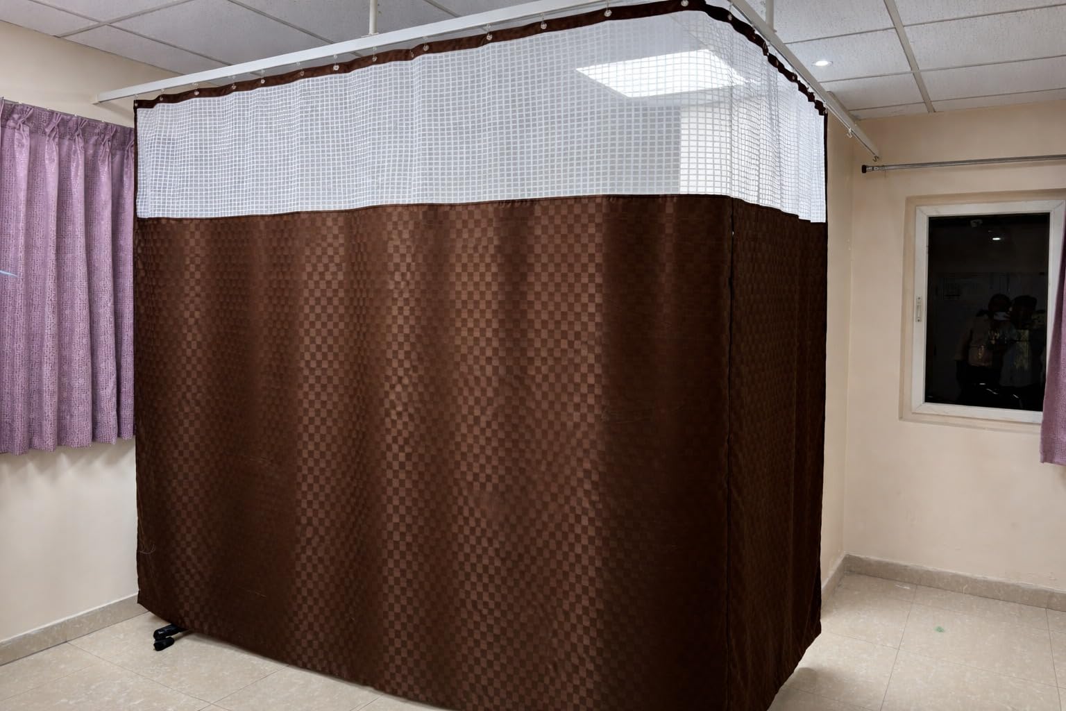 Premium Room Divider Curtain with Cube Design | Semi-Transparent Mesh Top & Checkered Fabric Bottom | Washable Privacy Curtain for Hospital, Clinic & Home Use |