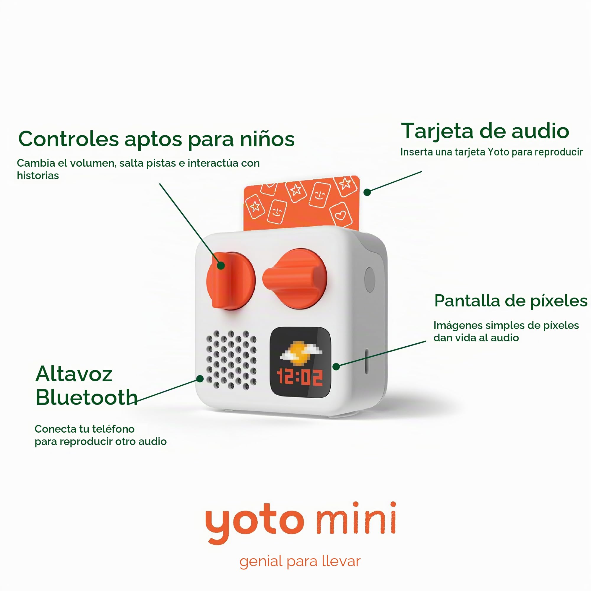 Yoto Mini (Edición 2024) + Crea tu propia tarjeta – Reproductor de audio Bluetooth sin pantalla para niños, dispositivo de viaje todo en uno que reproduce historias, música, podcast, radio, reloj