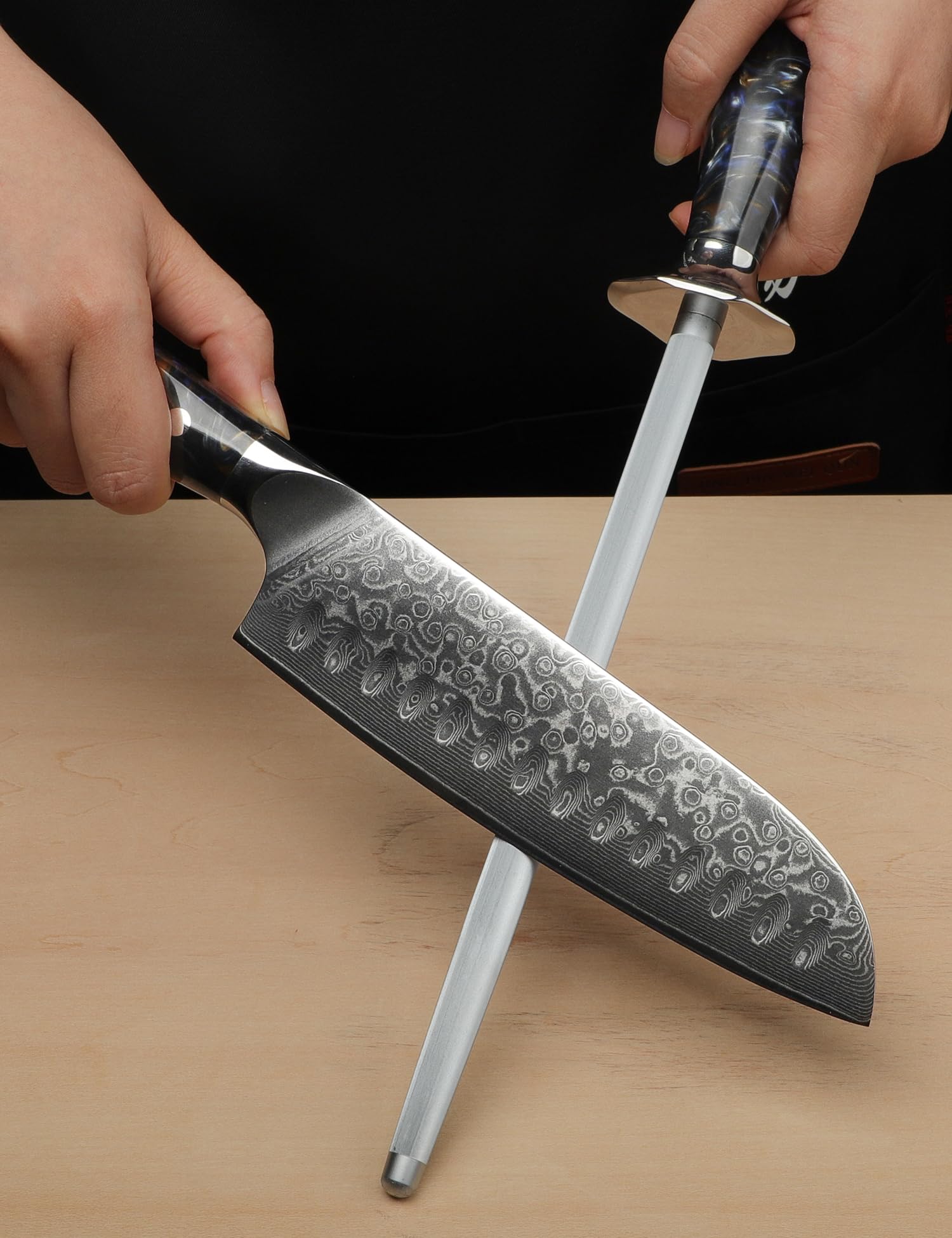 Profesional Cocina Afilar Varilla 23 cm, Afilador de Cuchillos de Acero con mango de resina, serie XUAN (Negro Estrellado)