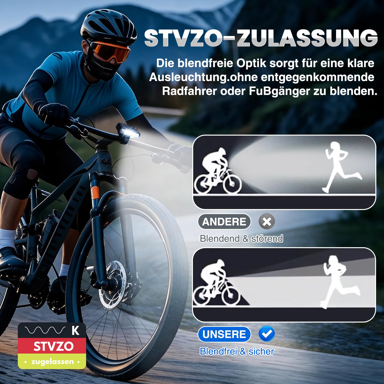 Kit d'éclairage LED rechargeable pour vélo conforme à la norme STVZO avec support GoPro