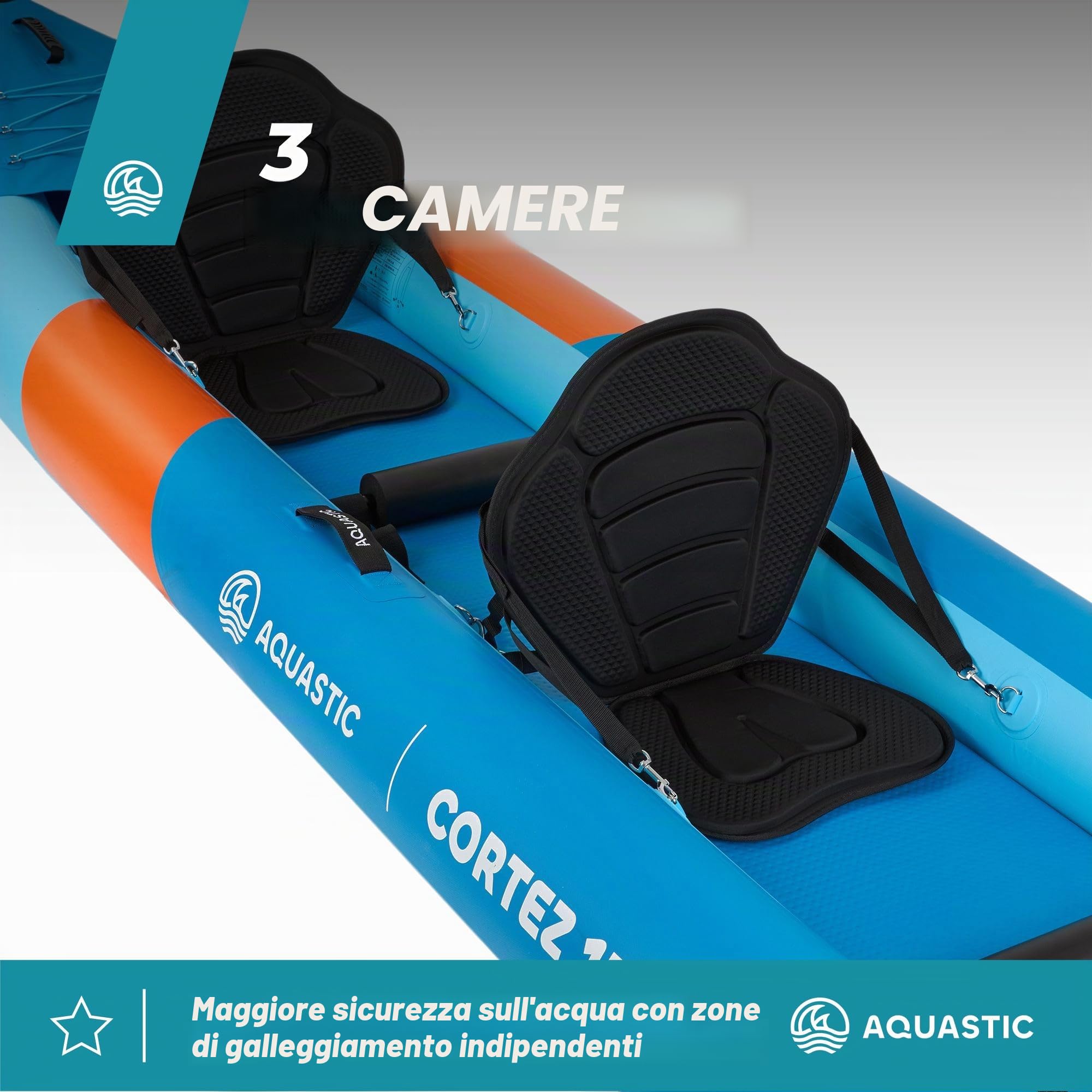 AQUASTIC Cortez 13'5 – Kayak gonfiabile per due persone, Hybrid Drop-Stitch, 3 camere, portata fino a 180 kg, set: zaino, pagaia, sedili, pompa, pinne, stabile