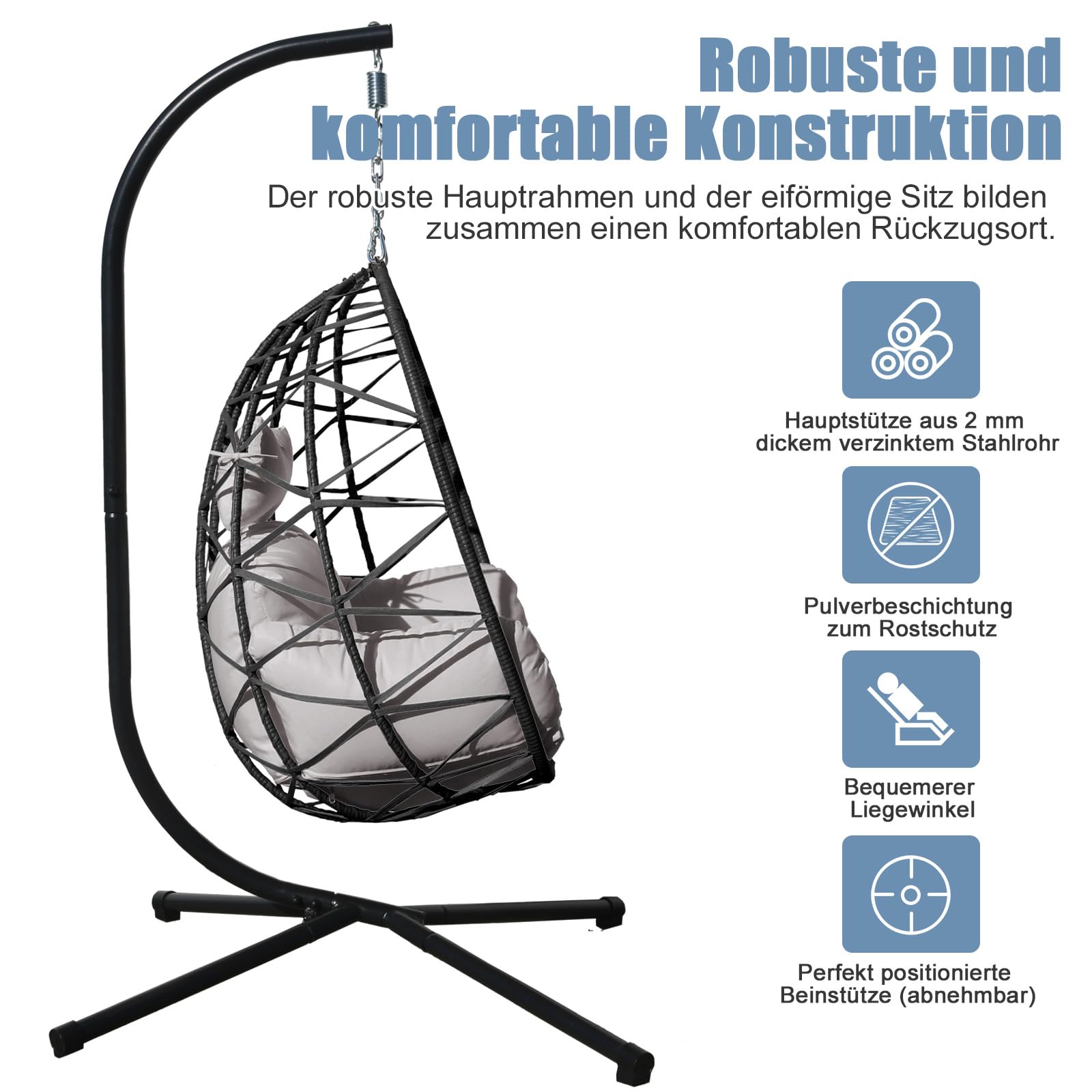 Hängesessel Ei mit Kissen & Gestell – Freistehender Hängestuhl für Innen & Außen – Faltbarer Schaukelstuhl für Garten, Terrasse & Balkon – 1-Sitzer, bis 180 kg belastbar (Schwarz)