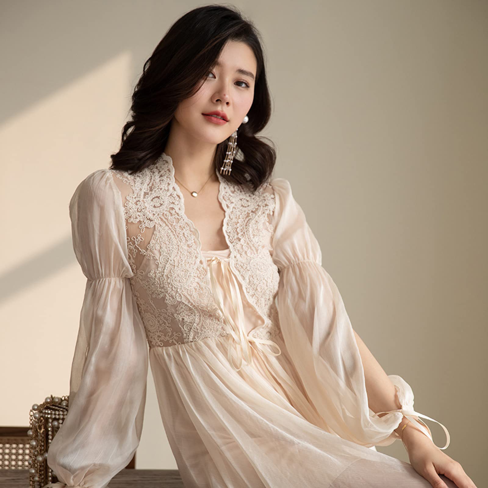 OFFSUM Camisón De Pijama De Mujer - Elegante Primavera Verano Dulce Ropa De Dormir Princesa Novia Boda Bata Encaje Translúcido Dama De Honor Albornoz Loungewear,Albaricoque,M