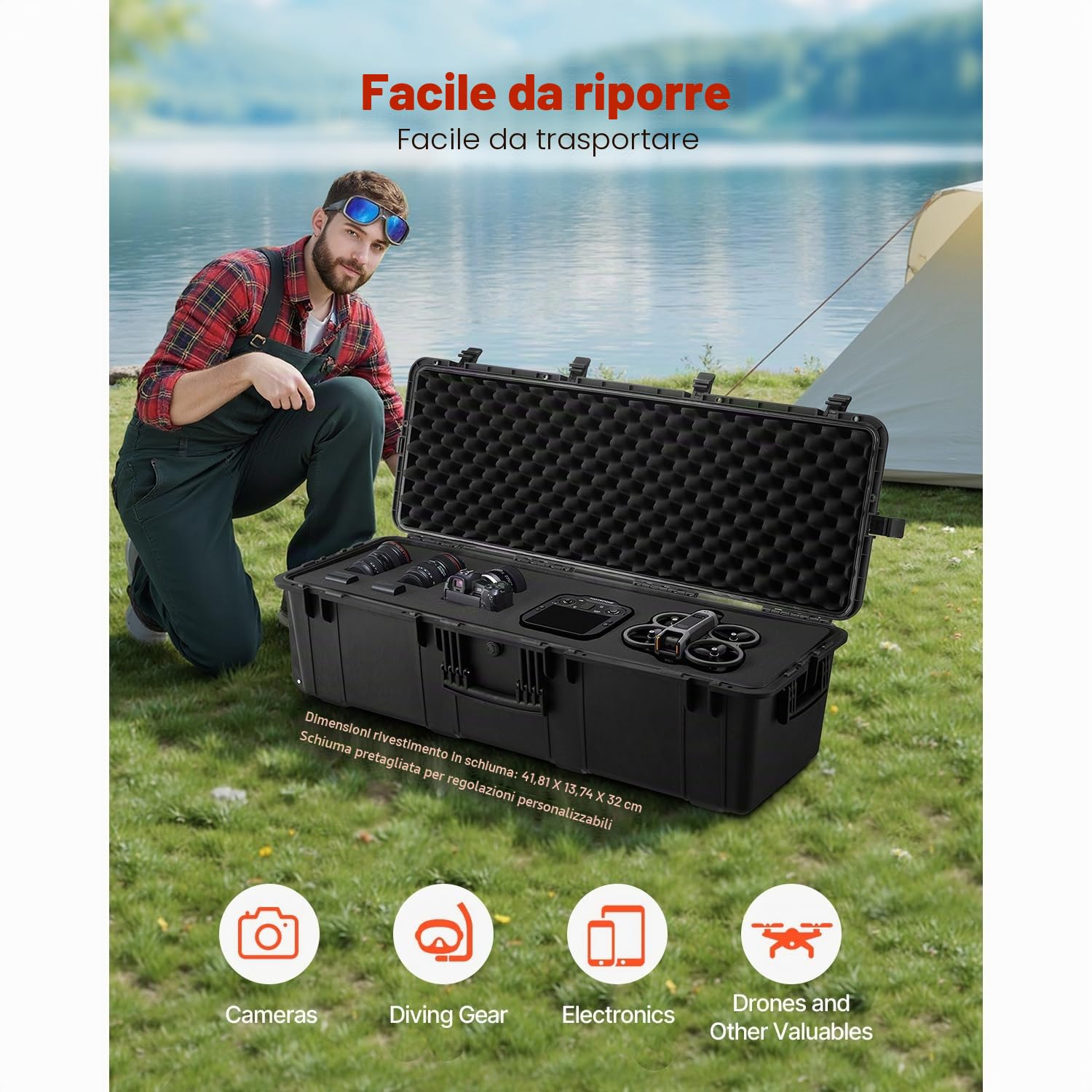 VEVOR Custodia Rigida Impermeabile 155,7 L, Custodia Protettiva Resistente alle Intemperie IP67 con 6 Clip, 6 Fori e 3 Maniglia per Lucchetto e Schiuma Inserita per Apparecchiature Grande, Nero