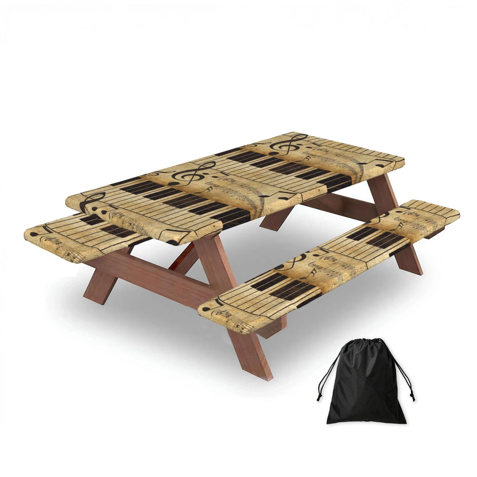 Vintage Music Note Piano, Picnic Table Cover With Bench Covers -Waterproof Elastic Fitted Tablecloth for Garden Camping Patio 76x152cm