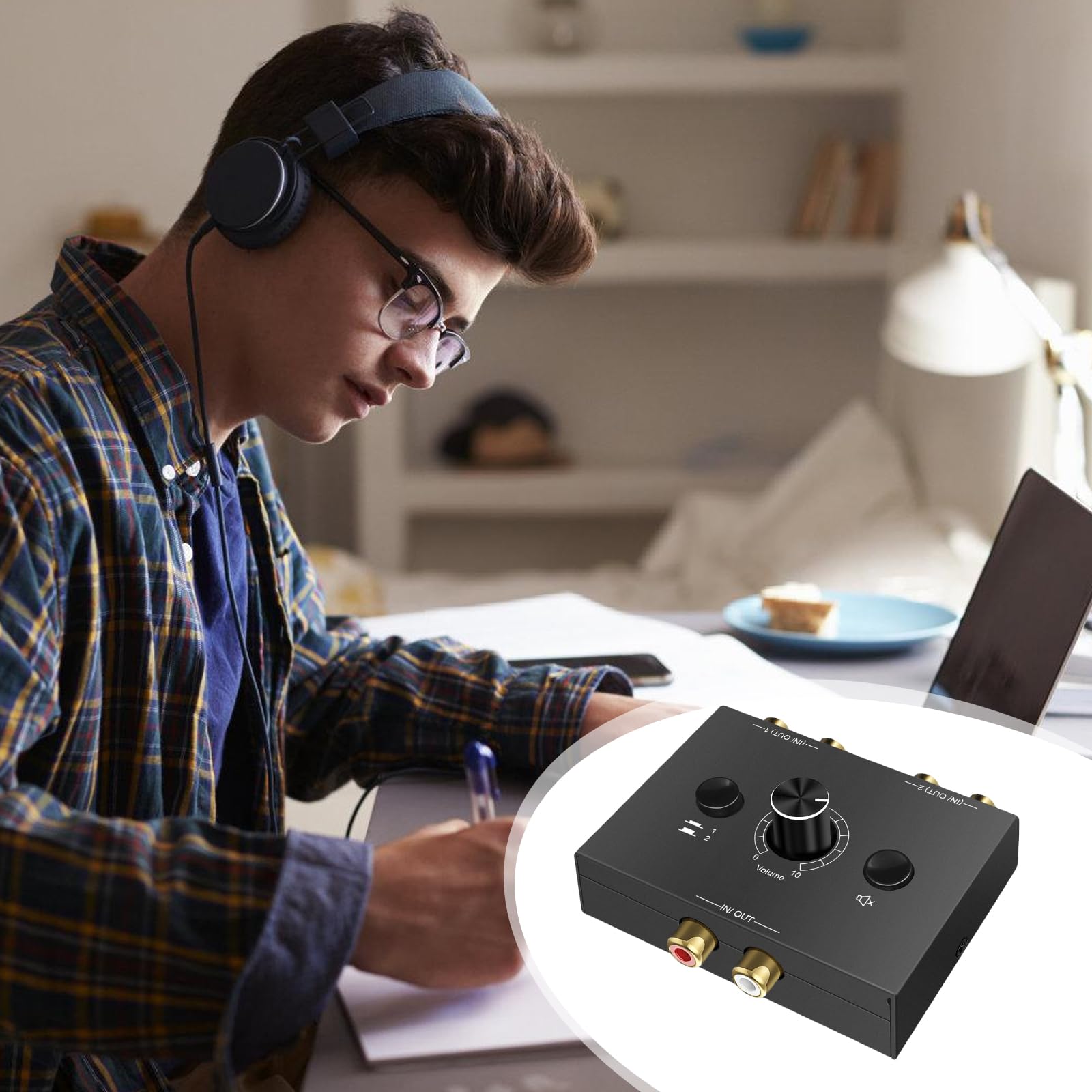 RCA Stereo Audio Switch 2(1)-IN-1(2)-OUT, R/L Regulacja Głośności, dwukierunkowy Aux Sound Selector Splitter Box do odtwarzacza CD, komputera, głośników