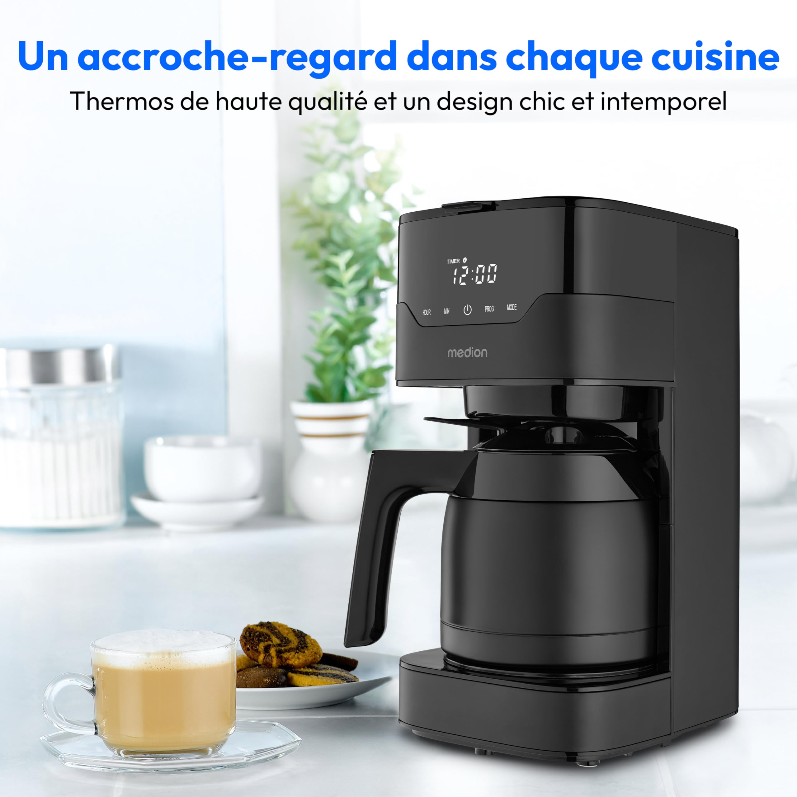 MEDION Cafetière avec verseuse isotherme et minuteur (filtre, 8 tasses, 1,2 L, 900 W, 3 niveaux, maintien au chaud, minuterie, anti-goutte, affichage, MD18458), noir mat