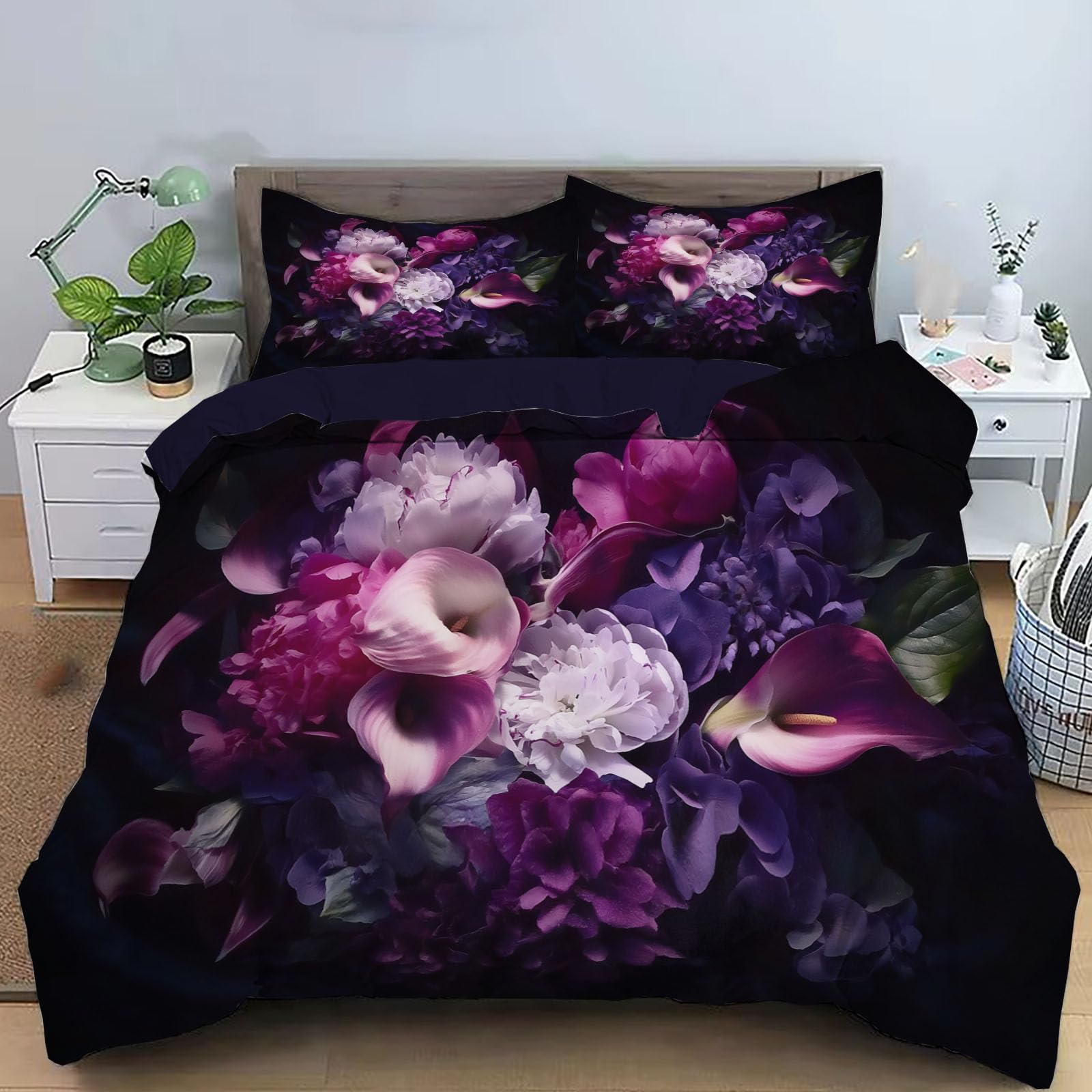 Housse de Couette 240x260 Violette avec 2 Taies d'Oreiller 65x65 Motif 3D