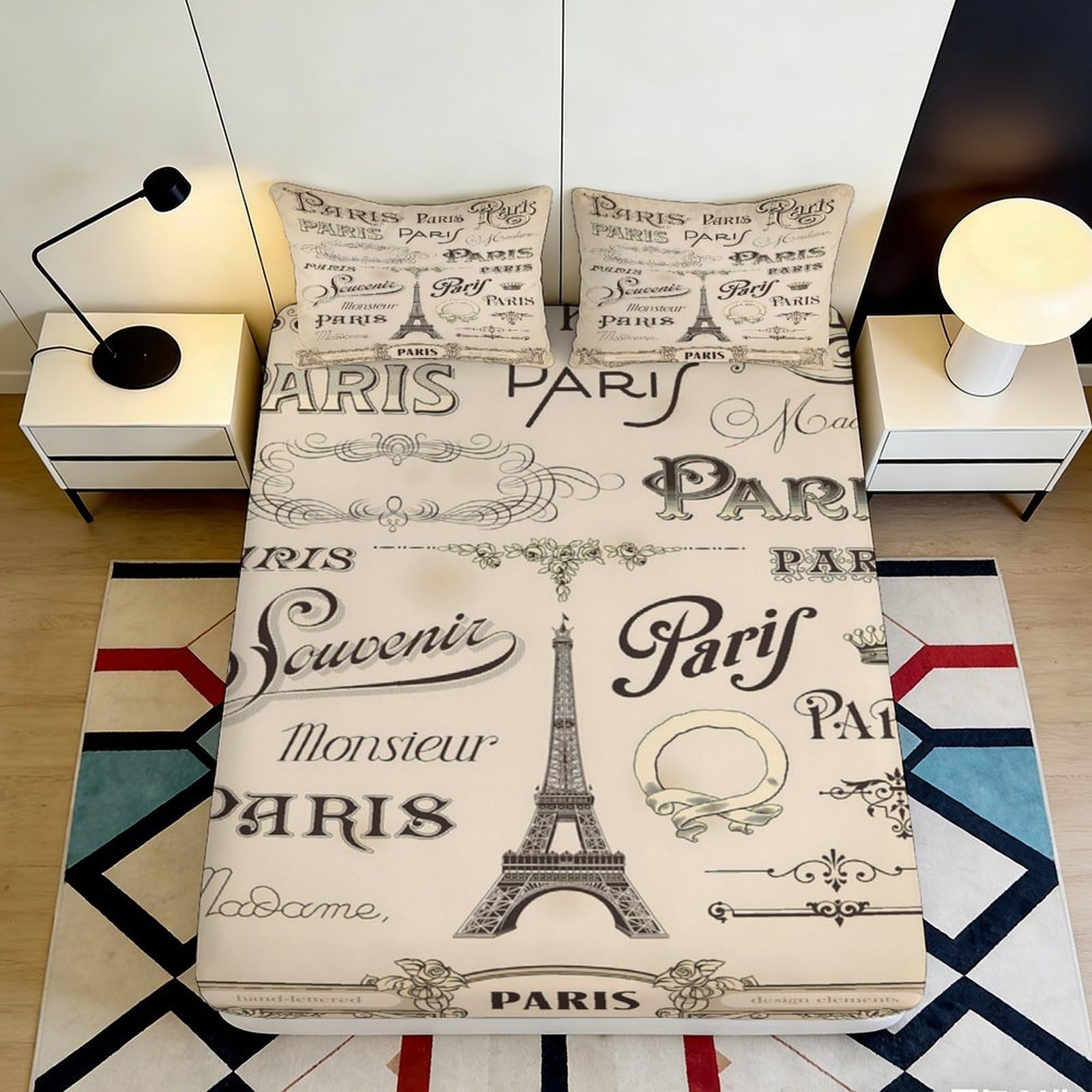 3D Printed Paris Eiffel Tower Fitted Sheet Microfiber Soft Vintage Letter Mattress Cover for Bedroom Guest Room Decor 140x200x25cm