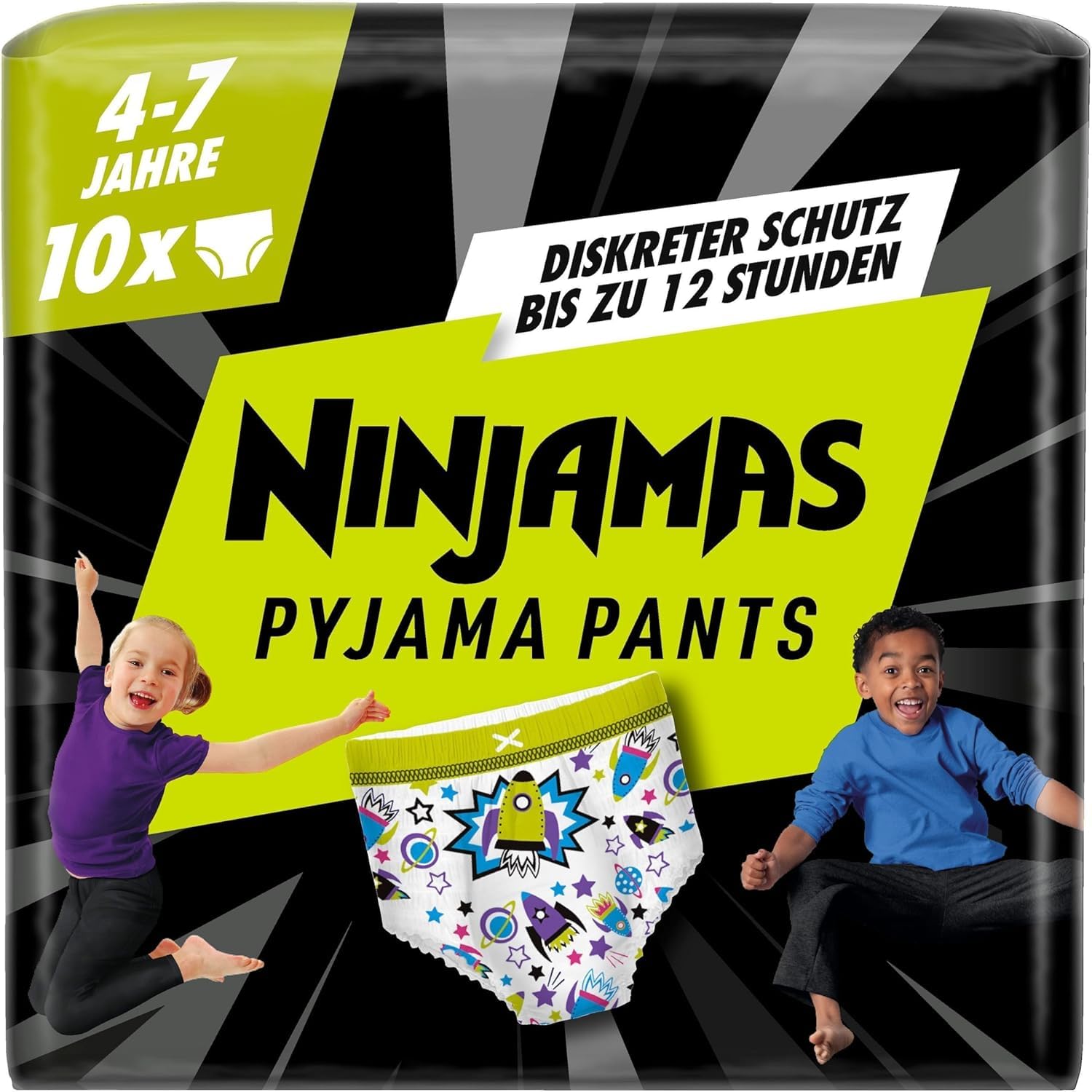 Ninjamas Pyjama Pants Raumschiff, 10 absorbierende Nachthöschen, 7 Jahre, 17kg-30kg, Auslaufschutz für die ganze Nacht